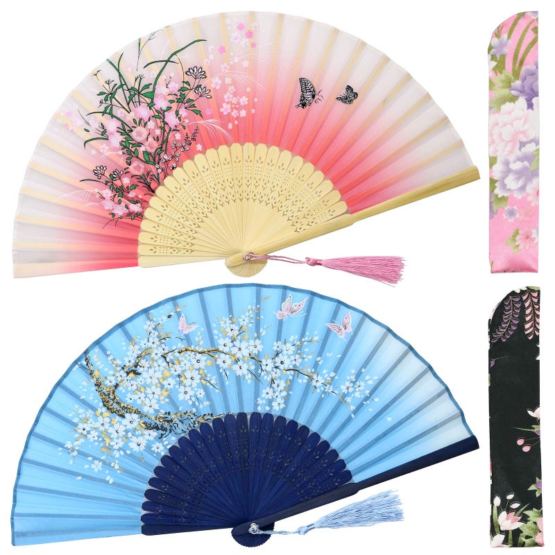 OMyTea Folding Hand Fans for Women - Chinese Japanese Vintage Bamboo Silk Fans - for Hot Flash, EDM, Music Festival, Party, Dance, Performance, Decoration, Gift (Blue Sakura & Pink Grassflower) - Image 1